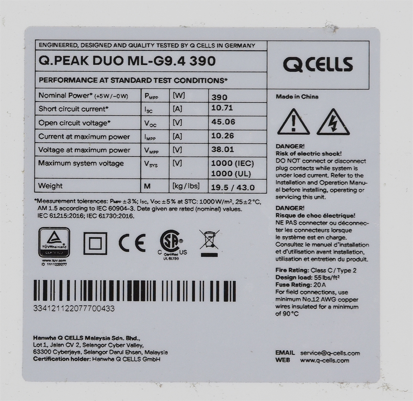 Características de QCELLS HANWHA Q.PEAK DUO ML G9.4 390 WP