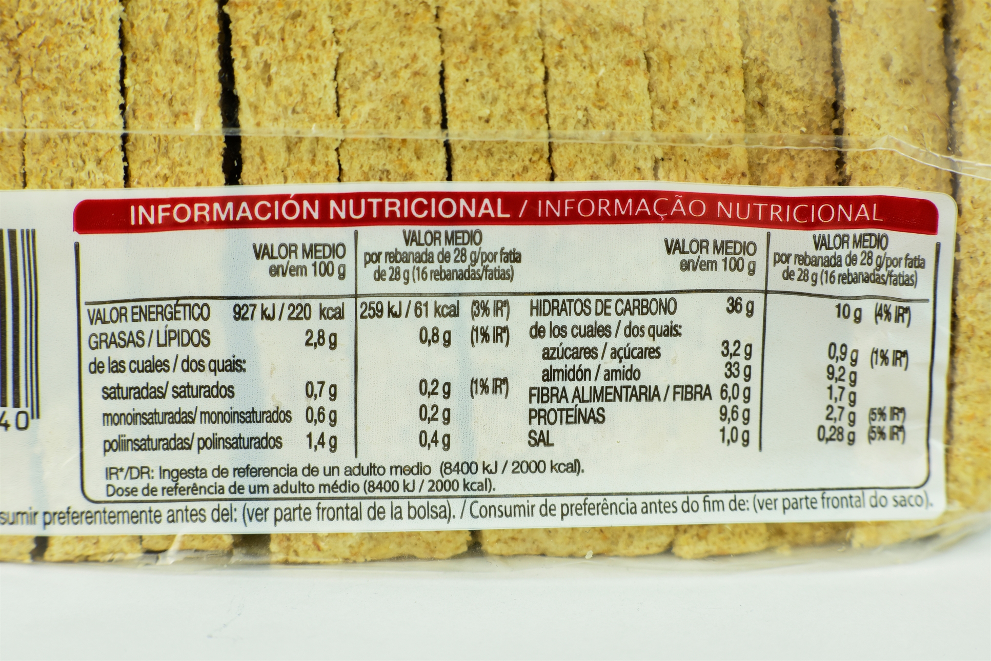 Valor nutricional de BIMBO SILUETA INTEGRAL SIN CORTEZA OCU